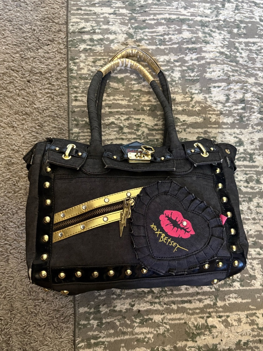 Betsey Johnson Black Satchel with Gold Hardware and Pink Lip Heart Patch